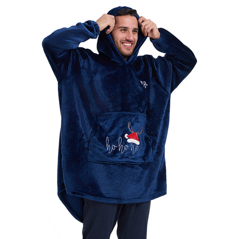 Snuggs Blanket Hoodie Dark Blue Christmas Ho Ho Ho Pocket